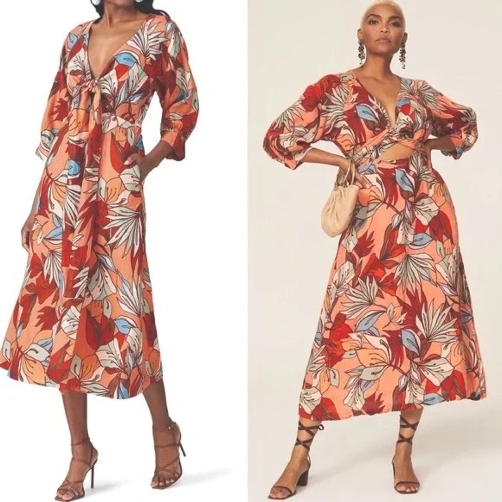 Nicholas Asilah Linen Floral Printer Cut Out Tie Dress Size 10